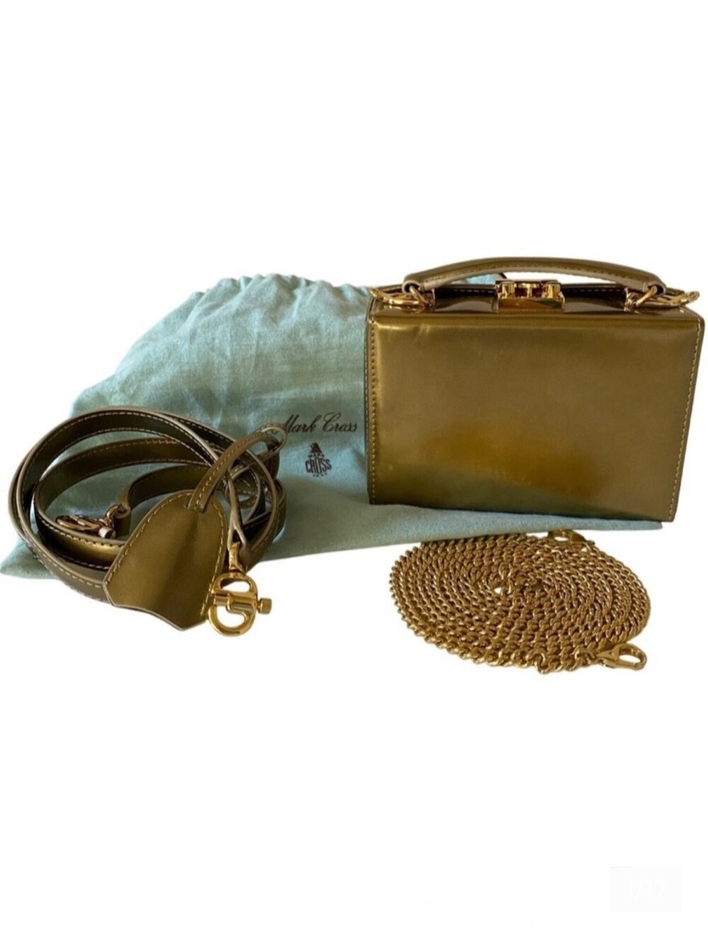 Mark Cross Grace Mini Box Leather Handbag Crossbody Gold Mirror + 2 Straps + key